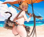  1girl aochoku arknights ass beach bikini blonde_hair blue_sky blush cloud cloudy_sky commentary commission cowboy_shot demon_girl demon_horns demon_tail english_commentary flamethrower from_behind full-face_blush gun holding holding_gun holding_weapon horns ifrit_(arknights) looking_at_viewer looking_back parasol short_hair short_twintails sky solo swimsuit tail tail_through_clothes thigh_strap twintails umbrella water weapon white_bikini yellow_eyes 