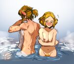  1boy 1girl ass blonde_hair blush breasts completely_nude crossed_arms embarrassed kukumomo link navel nipples nude pointy_ears princess_zelda pubic_hair scar short_hair short_ponytail steam stomach the_legend_of_zelda the_legend_of_zelda:_breath_of_the_wild the_legend_of_zelda:_breath_of_the_wild_2 water wet 