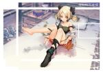  1girl ankleband arknights black_legwear black_shirt blonde_hair chinese_commentary demon_horns footwear_removed highres horns ifrit_(arknights) infection_monitor_(arknights) jacket knees_up leg_up looking_at_viewer miaodiande_yuanshoumiao off_shoulder open_clothes open_jacket orange_eyes orange_panties orange_skirt oripathy_lesion_(arknights) panties panty_pull shirt short_hair short_twintails single_sock sitting skirt slit_pupils socks solo strap_slip tongue tongue_out twintails underwear undressing white_jacket 