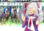  1girl 6+boys :d ^_^ ahoge animal bangs black_bow black_cardigan blurry blurry_background blush bow braid braided_bangs breasts cardigan closed_eyes commentary_request depth_of_field eyebrows_visible_through_hair fang glasses grey_hair grey_sailor_collar hair_bow holding horse horse_racing indie_virtual_youtuber kouu_hiyoyo long_hair mashiro_karin multiple_boys open_cardigan open_clothes open_mouth red-framed_eyewear red_bow red_neckwear sailor_collar school_uniform semi-rimless_eyewear serafuku shirt short_eyebrows small_breasts smile solo_focus thick_eyebrows twintails under-rim_eyewear upper_body v-shaped_eyebrows white_shirt 