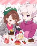  &gt;_&lt; 1boy 1girl ahoge bangs bede_(pokemon) blush cake cake_slice chocolate_cake closed_eyes closed_mouth coat commentary_request curly_hair dessert dynamax_band eating feeding food food_on_face fork fruit gloria_(pokemon) gloves grey_hair heart holding holding_fork open_mouth partially_fingerless_gloves plate pokemon pokemon_(game) pokemon_swsh popped_collar purple_coat satori_(sa_bird08) short_hair single_glove strawberry sweatdrop tongue 