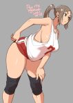  1girl 2021 agawa_ryou breasts brown_hair dated green_eyes grey_background gym_uniform large_breasts long_hair original ponytail short_shorts shorts sideboob simple_background solo thick_thighs thighs 