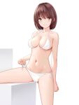  1girl :d absurdres arms_behind_back ass_visible_through_thighs bangs bare_arms bare_legs bare_shoulders bikini bikini_pull blush breasts brown_hair cameltoe cleavage clothes_pull collarbone eyebrows_visible_through_hair groin halterneck highres leg_up looking_at_viewer marui_koishi medium_breasts medium_hair navel open_mouth original side-tie_bikini sideboob simple_background smile solo string string_pull swimsuit white_background white_bikini yellow_eyes 