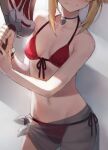  1girl bare_shoulders bikini blonde_hair blush braid breasts clarent_(fate) collarbone fate_(series) head_out_of_frame jewelry long_hair mordred_(fate)_(all) navel necklace red_bikini sarong sidelocks small_breasts solo swimsuit sword tonee weapon 