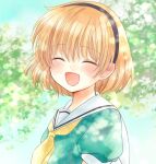  1girl :d ^_^ bangs blonde_hair blush closed_eyes dress eyebrows_visible_through_hair fang green_dress higurashi_no_naku_koro_ni houjou_satoko maekawa_suu necktie open_mouth outdoors sailor_collar sailor_dress short_hair smile solo tree upper_body yellow_neckwear 