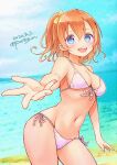  1girl bad_id bad_twitter_id bangs beach bikini blue_eyes blue_sky blurry blurry_background cloud cloudy_sky commentary cowboy_shot dated day depth_of_field dutch_angle front-tie_bikini front-tie_top groin hair_ribbon halterneck highres horizon kousaka_honoka looking_at_viewer love_live! love_live!_school_idol_project medium_hair miyamae_porin navel ocean one_side_up open_mouth orange_hair outdoors reaching_out ribbon short_hair side-tie_bikini sky smile solo standing string_bikini swimsuit twitter_username white_bikini yellow_ribbon 