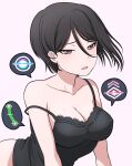  bang_dream! bare_shoulders black_camisole black_hair blush breasts camisole cleavage commentary gameplay_mechanics highres kitayu large_breasts off_shoulder open_mouth pink_eyes short_hair white_background yashio_rui 