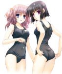  2girls adjusting_clothes adjusting_swimsuit black_hair black_swimsuit blue_eyes breasts collarbone covered_navel cowboy_shot kimizuka_aoi looking_at_viewer medium_breasts medium_hair multiple_girls original pink_hair purple_eyes school_swimsuit short_hair simple_background swimsuit two_side_up white_background 