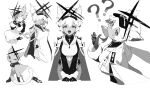  1girl ? ?? absurdres alchemy_stars animal_ears animalization bangs breasts cat cat_ears cat_paws cat_tail coat cross fish fish_in_mouth gloves greyscale hair_over_one_eye hat highres long_coat looking_at_viewer monochrome multiple_persona one_eye_closed open_mouth paw_pose paws philyshy_(alchemy_stars) short_hair tail tongue tongue_out wulifeng 