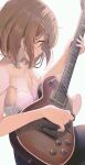  1girl bangs bare_arms bare_shoulders black_legwear bra breasts brown_eyes brown_hair cleavage collarbone commentary electric_guitar eyebrows_visible_through_hair guitar hair_ornament hairclip highres hirasawa_yui hiroki_(yyqw7151) holding holding_plectrum instrument k-on! leggings looking_at_object medium_hair pants pantyhose plectrum simple_background small_breasts solo strap_slip underwear white_background white_bra 
