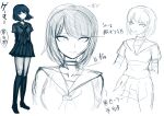  1girl arms_behind_back bangs bob_cut breasts character_sheet choker closed_mouth danganronpa_(series) danganronpa_2:_goodbye_despair full_body highres kneehighs looking_at_viewer medium_breasts multiple_views nanami_chiaki neckerchief official_art official_style open_mouth pleated_skirt prototype sailor_collar school_uniform shirt shoes short_hair sketch skirt standing translation_request white_background 
