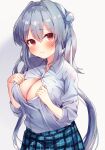  1girl bangs beniko_(ymdbnk) blue_skirt blush breasts cleavage closed_mouth collared_shirt commentary_request double_bun dress_shirt eyebrows_visible_through_hair grey_hair hair_between_eyes hair_intakes highres large_breasts long_hair looking_at_viewer open_clothes open_shirt original red_eyes shirt skirt solo two_side_up very_long_hair white_shirt 