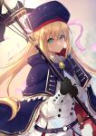  1girl artoria_pendragon_(all) artoria_pendragon_(caster)_(fate) bangs blonde_hair blue_capelet blue_headwear blush breasts buttons cape capelet closed_mouth dress fate/grand_order fate_(series) gloves green_eyes highres holding holding_staff long_hair long_sleeves looking_at_viewer multicolored multicolored_cape multicolored_capelet multicolored_clothes petals revision smile staff twintails untue white_dress 