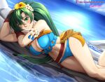  arms_behind_back bare_shoulders bikini bra breasts cleavage crossed_arms eyebrows_visible_through_hair eyes_visible_through_hair fire_emblem fire_emblem:_the_blazing_blade fire_emblem_heroes flower green_eyes green_hair hair_flower hair_ornament highres lyn_(fire_emblem) navel ocean swimsuit thighs underwear vilde_loh_hocen 