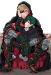 2boys ankle_boots armor bakugou_katsuki bangs black_cape black_jacket black_pants blonde_hair blood boku_no_hero_academia boots cape eye_mask freckles gauntlets gloves green_eyes green_hair grey_background hand_on_another&#039;s_face hand_up highres hood hood_up hooded_cape jacket knee_pads male_focus midoriya_izuku multiple_boys pants parted_lips red_cape red_eyes red_footwear rin_(rinriemie) shirt sitting smile white_shirt 