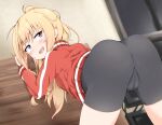  1girl absurdres ass bike_shorts black_shorts blonde_hair blue_eyes blush from_behind gabriel_dropout gabriel_tenma_white highres jacket legs_apart long_hair looking_back myauchuchu open_mouth ponytail presenting red_jacket shorts smile solo thighs track_jacket 