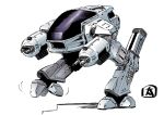  arm_cannon canopy ed-209 from_side mecha no_humans ohtagaki_yasuo robocop science_fiction stairs walker walking weapon white_background 