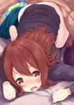  1girl all_fours ass bangs blush brown_hair eyebrows_visible_through_hair hair_between_eyes hood hoodie idolmaster idolmaster_shiny_colors komone_ushio long_hair long_sleeves no_pants oosaki_tenka open_mouth panties solo sweat swept_bangs underwear yellow_eyes 