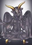  1girl :d akira_(meltyhip) bad_id bad_twitter_id baphomet breasts colored_sclera colored_skin demon_girl grey_background grey_hair grey_sclera grey_skin hair_between_eyes hand_up hooves horizontal_pupils horns looking_at_viewer monster_girl navel open_mouth original puddle sitting slime_(substance) slime_girl small_breasts smile solo wings yellow_eyes 