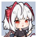  1girl ahoge arknights black_shirt blush chibi chinese_commentary commentary demon_girl demon_horns demon_tail firewood holding holding_knife horns knife looking_at_viewer official_alternate_costume open_mouth red_eyes scar_on_arm shirt short_hair solo sparkle tail upper_body w_(arknights) w_(fugue)_(arknights) white_hair wo_bushi_zhang_xiaojing 