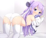  1girl all_fours ass azur_lane bangs black_ribbon blush breasts closed_mouth commentary_request elbow_gloves eyebrows_visible_through_hair gloves hair_bun hair_ribbon long_hair maccha nipples nose_blush one_side_up panties purple_eyes purple_hair ribbon side_bun small_breasts solo stuffed_winged_unicorn sweat thighhighs topless underwear unicorn_(azur_lane) very_long_hair white_gloves white_legwear white_panties 
