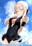  1girl absurdres artoria_pendragon_(all) artoria_pendragon_(alter_swimsuit_rider)_(fate) bangs bare_shoulders black_ribbon black_swimsuit blonde_hair blue_sky blush braid breasts center_opening dress_swimsuit fate/grand_order fate_(series) french_braid hair_bun hair_ribbon highres long_hair looking_at_viewer medium_breasts open_mouth ribbon sidelocks sky solo swimsuit thighs wading water yellow_eyes yuki_haru 