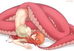  1girl bangs blush breasts cleavage commentary commentary_typo english_commentary eyebrows_visible_through_hair fang hair_between_eyes hair_ornament hairclip highres lamia large_breasts long_hair miia_(monster_musume) monster_girl monster_musume_no_iru_nichijou navel pointy_ears red_hair scales shirt simple_background slit_pupils solo soveno tail tied_shirt twitter_username upside-down very_long_hair white_background yellow_eyes 