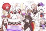  4girls 6+boys 8takenokonosato8 :d afro bald balloon bangs black_cape black_hair black_headwear blonde_hair blush bottle braid brown_hair buttons cape chair checkered checkered_scarf danganronpa_(series) danganronpa_v3:_killing_harmony dated dice_members_(danganronpa) dot_nose double-breasted food fruit grey_background hair_between_eyes happy_birthday hat holding jacket long_hair mask multiple_boys multiple_girls open_mouth ouma_kokichi peaked_cap purple_eyes red_hair scarf short_hair smile straitjacket strawberry twintails upper_body white_jacket wine_bottle 