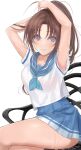  1girl armpit_peek arms_up bangs blue_neckwear blue_sailor_collar blue_skirt breasts brown_hair chair collarbone eyebrows_visible_through_hair hibike!_euphonium highres long_hair looking_at_viewer medium_breasts mexif miniskirt nakagawa_natsuki neckerchief parted_bangs parted_lips ponytail purple_eyes sailor_collar school_uniform serafuku shirt short_sleeves simple_background skirt smile solo sweat thighs tying_hair white_background white_shirt 