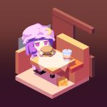  1girl absurdres bow burger cheese crescent cup disposable_cup dress farrel_kb food fumo_(doll) hat highres isometric long_hair mob_cap multiple_girls patchouli_knowledge purple_eyes purple_hair ribbon sitting solo touhou 