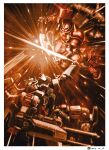  axe beam_saber dated fighting full_armor_gundam gundam gundam_thunderbolt highres holding holding_axe holding_sword holding_weapon mecha no_humans official_art ohtagaki_yasuo one-eyed space sword v-fin weapon zaku_ii_(reuse_p_device) zeon 