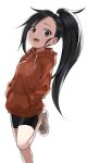  1girl absurdres bike_shorts black_eyes blush hands_in_pockets highres hood hooded_jacket jacket kunoichi_tsubaki_no_mune_no_uchi long_hair long_sleeves open_mouth ponytail red_jacket shoes simple_background smile solo standing standing_on_one_leg tsubaki_(kunoichi_tsubaki_no_mune_no_uchi) white_background white_footwear yamamoto_souichirou 