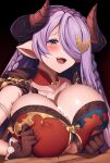  1boy 1girl bangs bare_shoulders blue_eyes blush braid breast_squeeze breasts brown_gloves cleavage cum cum_on_body cum_on_breasts detached_collar draph dress gloves granblue_fantasy hair_ornament hair_over_one_eye hetero highres horns large_breasts light_purple_hair long_hair narmaya_(granblue_fantasy) open_mouth paizuri pointy_ears raiou red_dress smile 