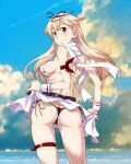  1girl arm_ribbon ass bikini black_ribbon blonde_hair blush breasts brown_eyes cameltoe closed_mouth cloud commentary_request covered_nipples day eyebrows_visible_through_hair from_behind hair_flaps hair_ribbon kantai_collection long_hair looking_back medium_breasts outdoors red_ribbon remodel_(kantai_collection) ribbon sameha_ikuya scarf side-tie_bikini sky smile solo strap_gap swimsuit thigh_strap thong_bikini water white_scarf wrist_cuffs yuudachi_(kancolle) 
