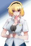  black_hairband blue_skirt bra hairband higurashi_no_naku_koro_ni houjou_satoko kitou_en older open_clothes open_shirt pink_neckwear pleated_skirt red_eyes school_uniform short_hair skirt st._lucia_academy_school_uniform underwear 