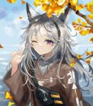  1girl alternate_costume animal_ears arknights bangs brown_shirt day grani_(arknights) grey_hair grin hair_between_eyes hat highres horse_ears horse_girl long_hair long_sleeves looking_at_viewer one_eye_closed out_of_frame parted_lips purple_eyes red_eyes ribbed_sweater shirt smile solo spacelongcat sweater tree turtleneck turtleneck_sweater upper_body very_long_hair w white_sweater 