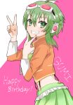  1girl ahoge aonamisan character_name commentary double_v fingers_to_chin from_side goggles goggles_on_head green_eyes green_hair green_nails green_skirt green_tubetop grin gumi hand_up happy_birthday headphones highres jacket looking_at_viewer looking_to_the_side megpoid_(vocaloid3) multicolored multicolored_nails nail_polish orange_jacket orange_nails pleated_skirt red_goggles short_hair_with_long_locks sidelocks skirt smile suspender_skirt suspenders v vocaloid 