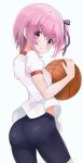  1girl ass basketball bike_shorts cowboy_shot eyebrows_visible_through_hair from_behind from_side gym_uniform highres hiroki_(yyqw7151) looking_at_viewer looking_to_the_side minato_tomoka one_side_up pink_eyes pink_hair rou-kyuu-bu! short_sleeves side_ponytail sidelocks simple_background solo white_background 