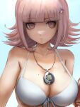  1girl bangs bare_shoulders bikini bikini_top breasts collarbone commentary danganronpa_(series) danganronpa_2:_goodbye_despair flipped_hair front-tie_bikini front-tie_top hair_ornament large_breasts looking_at_viewer nanami_chiaki pink_eyes qosic simple_background solo swimsuit upper_body 