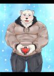  1boy absurdres animal_ears bara bear_boy bear_ears blush brown_hoodie bulge character_request copyright_request fangs feet_out_of_frame furry grey_pants h_masahiro heart heart_hands highres hood hoodie large_pectorals male_focus muscular muscular_male pants pectorals scar scar_on_face scar_on_nose short_hair solo virtual_youtuber white_fur 