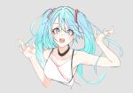  1girl aqua_eyes aqua_hair collarbone commentary cropped_torso grey_background hair_ornament hands_up hatsune_miku highres long_hair looking_at_viewer ninchan open_mouth shirt sketch sleeveless sleeveless_shirt solo spaghetti_strap twintails upper_body vocaloid white_shirt 