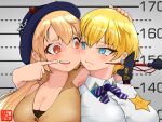  2girls blonde_hair blue_eyes breasts buttons cheek_poking cleavage dress eyebrows_visible_through_hair face-to-face frown girls&#039;_frontline hand_on_another&#039;s_head hat height_mark large_breasts long_hair m870_(girls&#039;_frontline) multiple_girls neoyamah open_mouth poking police_badge red_eyes ribbon short_hair strapless strapless_dress striped striped_ribbon vsk-94_(girls&#039;_frontline) 