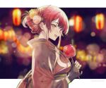  1girl alternate_costume black_gloves black_kimono blurry blurry_background blush bokeh breasts candy_apple commentary depth_of_field eyebrows_visible_through_hair fang festival flower food gloves hair_bun hair_flower hair_ornament hair_stick heterochromia highres hololive houshou_marine japanese_clothes kimono looking_at_viewer medium_breasts obi open_mouth red_eyes red_hair red_kimono sash short_hair shuri_(84k) sidelocks skin_fang smile solo tied_hair twitter_username two-tone_kimono upper_body virtual_youtuber yellow_eyes yukata 