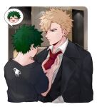  2boys :d alternate_costume bakugou_katsuki bangs black_jacket black_shirt black_vest blonde_hair boku_no_hero_academia border closed_eyes collared_shirt cropped_torso freckles green_hair indoors jacket jacket_on_shoulders looking_at_another male_focus midoriya_izuku multiple_boys necktie open_mouth red_neckwear rin_(rinriemie) shirt short_hair short_necktie smile spoken_character twitter_username vest white_border 