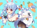  1girl :d animal_ear_fluff animal_ears bangs black_gloves black_leotard blue_background blue_hair blush bow braid breasts brown_legwear bunny-shaped_pupils bunny_ears bunny_tail carrot_hair_ornament commentary_request detached_sleeves don-chan_(usada_pekora) dress eyebrows_visible_through_hair food-themed_hair_ornament fur-trimmed_dress fur-trimmed_gloves fur_trim gloves hair_between_eyes hair_bow hair_ornament hololive leotard long_hair mauve multicolored_hair open_mouth pantyhose puffy_short_sleeves puffy_sleeves rabbit_girl red_eyes shoes short_eyebrows short_sleeves small_breasts smile strapless strapless_dress strapless_leotard tail thick_eyebrows twin_braids twintails two-tone_hair upper_teeth usada_pekora v very_long_hair virtual_youtuber white_bow white_dress white_footwear white_hair white_sleeves 