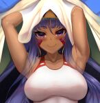  1girl absurdres b-pang bangs closed_mouth dakimakura_(medium) dark_skin eyebrows_visible_through_hair fate/grand_order fate_(series) hair_between_eyes highres long_hair looking_at_viewer lying nitocris_(fate) on_back one-piece_swimsuit purple_eyes purple_hair smile solo swimsuit upper_body white_swimsuit 