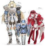  3girls anger_vein armor bangs bare_shoulders blonde_hair blue_armor blue_eyes boots breastplate breasts center_frills circlet detached_collar detached_sleeves dress earrings fate/grand_order fate_(series) faulds frills full_body gauntlets gawain_(fairy_knight)_(fate) greaves grey_eyes height_chart height_difference heterochromia horns jewelry kan_(aaaaari35) lancelot_(fairy_knight)_(fate) large_breasts laughing long_hair mask medium_breasts multiple_girls open_mouth pauldrons pink_hair pointy_ears red_dress red_footwear shoulder_armor sidelocks smile thigh_boots thighhighs tristan_(fairy_knight)_(fate) white_hair yellow_eyes 