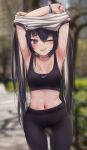  1girl ;d absurdres armpits arms_up bangs black_hair black_nails black_pants blurry blurry_background blush breasts commentary_request depth_of_field eyebrows_visible_through_hair hair_between_eyes highres long_hair looking_at_viewer medium_breasts nail_polish navel one_eye_closed open_mouth original pants priite_hari_(torriet) purple_eyes shirt smile solo sports_bra stomach sweat torriet twintails undressing very_long_hair white_shirt wristband 