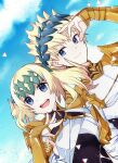  1boy 1girl blonde_hair blue_eyes blue_sky brother_and_sister castor_(fate) cloud fate/grand_order fate_(series) highres hirakawa pollux_(fate) siblings sky smile 