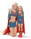  2girls absurdres age_difference blonde_hair blue_bow blue_eyes blue_skirt bow breasts cape closed_eyes collarbone dc_comics hair_behind_ear highres luimiart multiple_girls navel open_mouth original red_cape red_footwear simple_background skirt smile supergirl teeth v white_background 